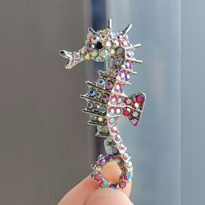Silver Seahorse Brooch with Multicolor Rhinestones